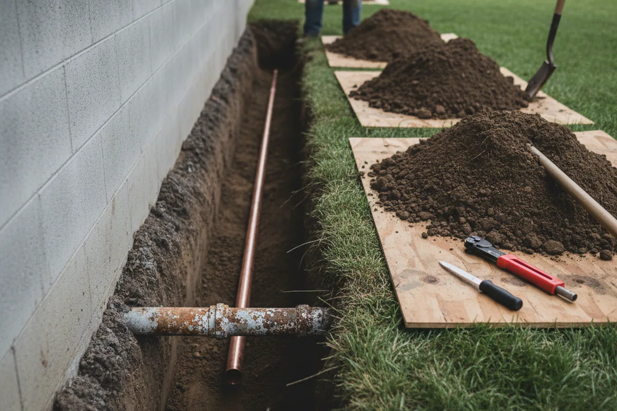 Excavated water line trench during Water Heater Repair in Susan